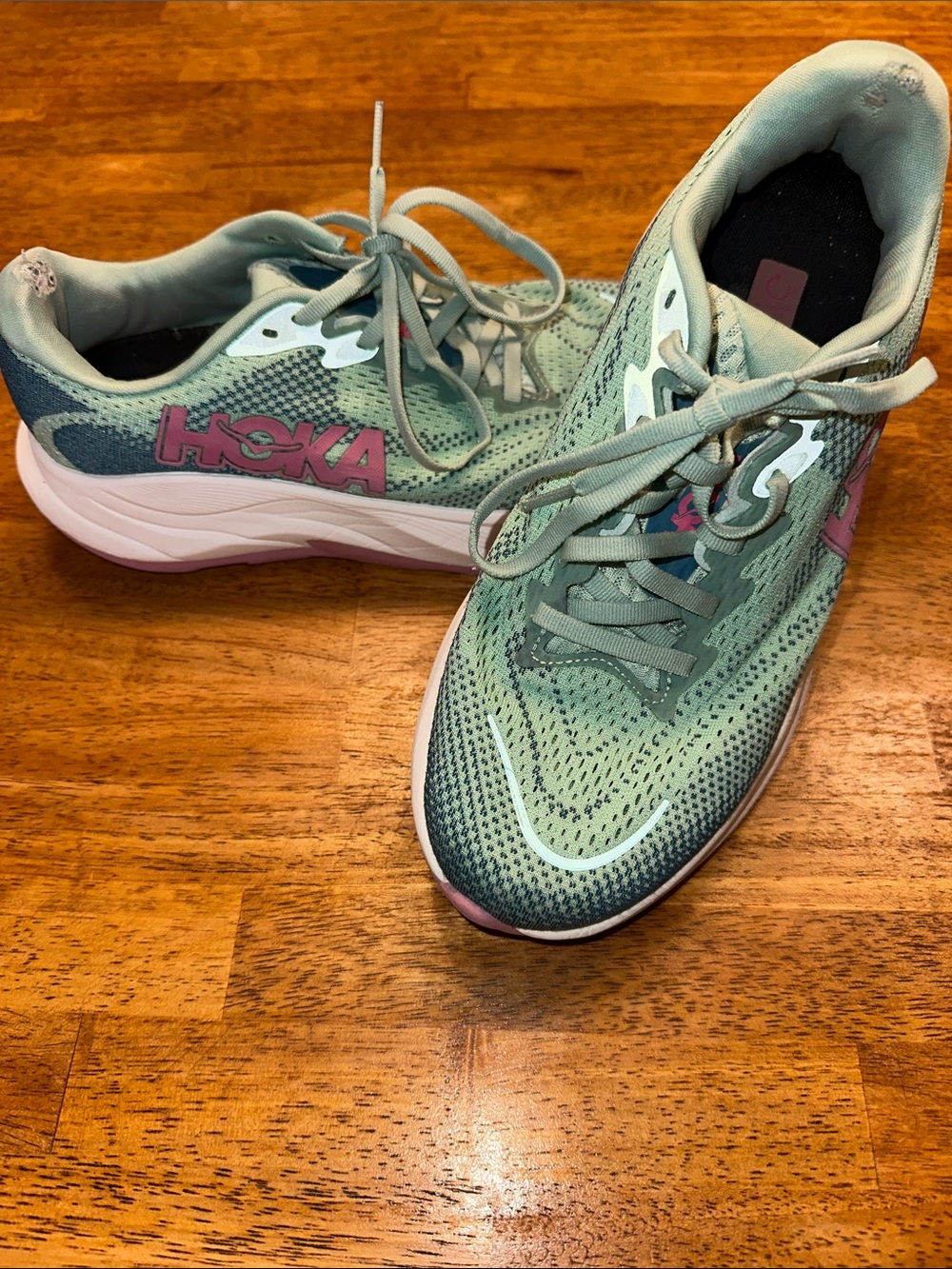 Hoka Women's Rincon 4 Jadeite/ Alpine Blue Running Sneakers with Pink Logo